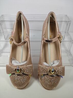 EIGHT KM Gold Glitter Mary Jane Dress Shoes Bow Rhinestone Buckle Girls US 4